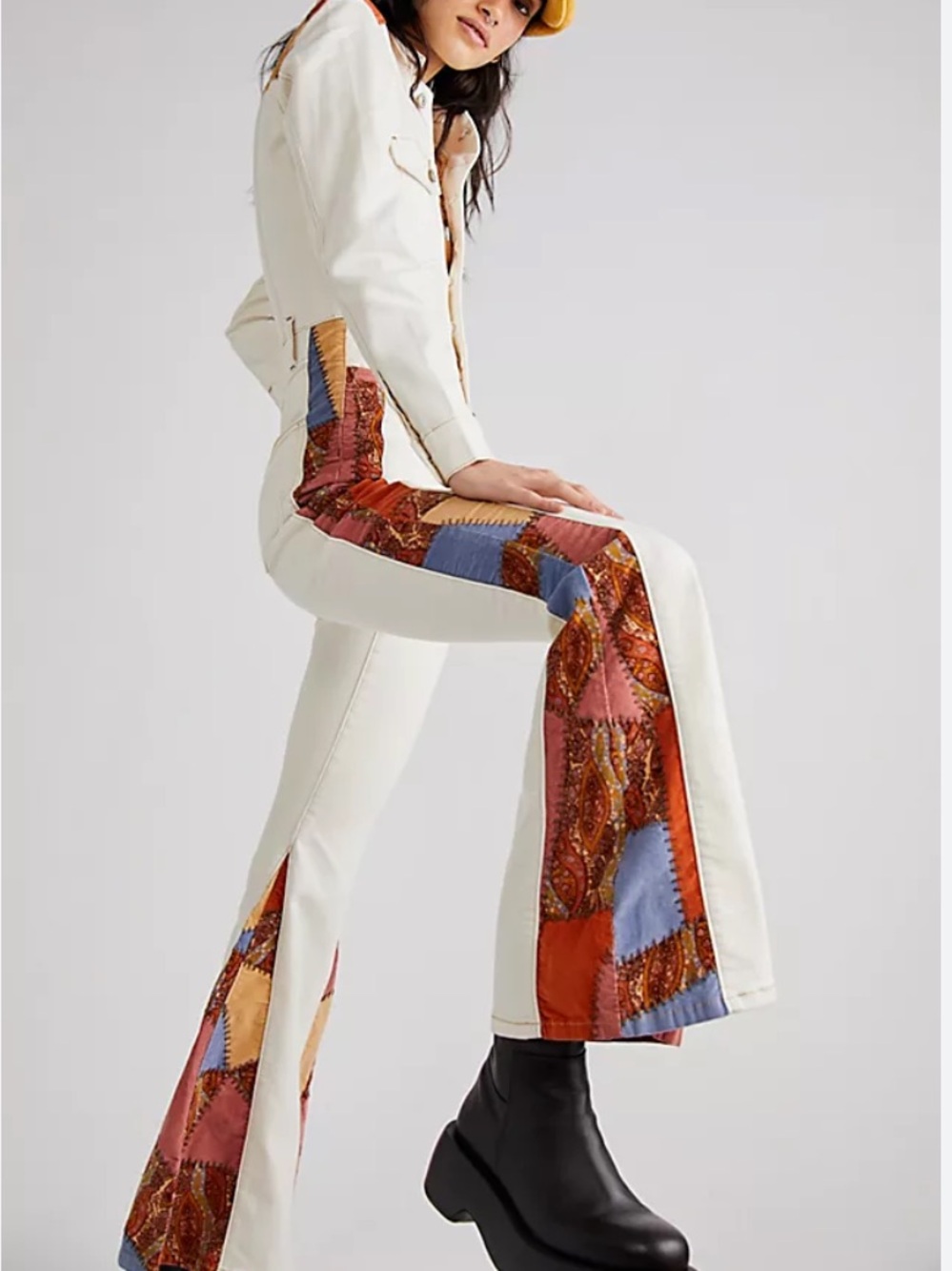 Free People Patchwork Flared Leg Midas Jumpsuit Size M